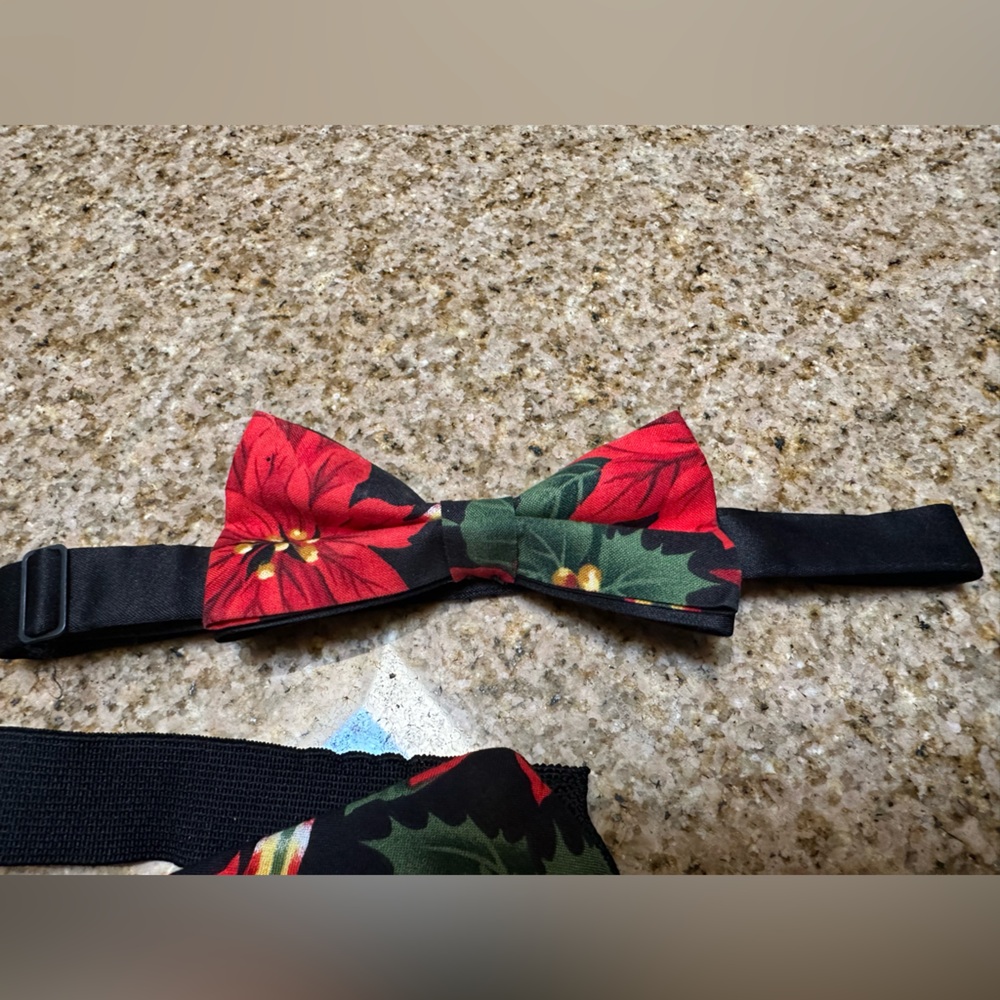 Floral Black and Red Poinsettia Pattern Bow Tie Set - Picture 3 of 6